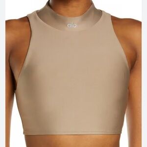 Alo Yoga Airlift Fuse Bra Mock Neck Gravel High Neck Tan Crop Top Cut outs M